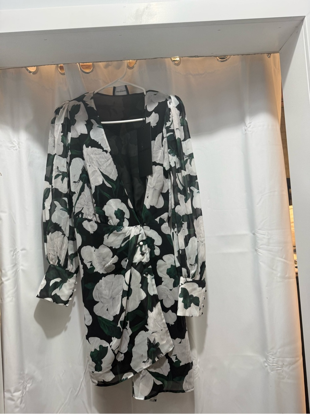 The Kooples Black Floral Wrap Dress with White & Dark Green Accents